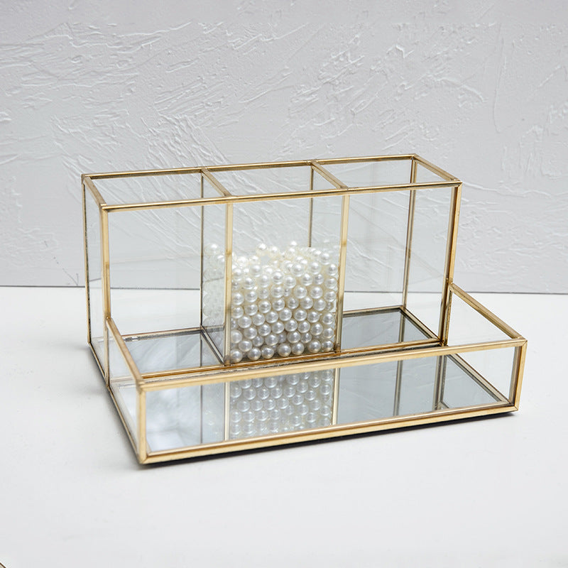 Glass Makeup Organizer Bathroom Cosmetic Organizer With Golden-zoom-