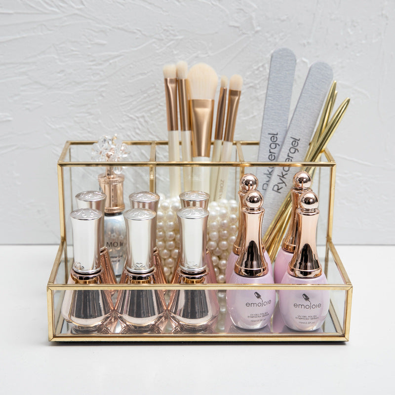 Glass Makeup Organizer Bathroom Cosmetic Organizer With Golden-zoom-
