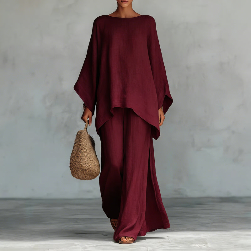 Casual 2-piece Set Loose Long-sleeved Wide-leg Trousers For Womens Minimalist Relaxed-fit Top And Wide-leg Pants Set For Daily Wear Work Vacation Outfits-zoom-